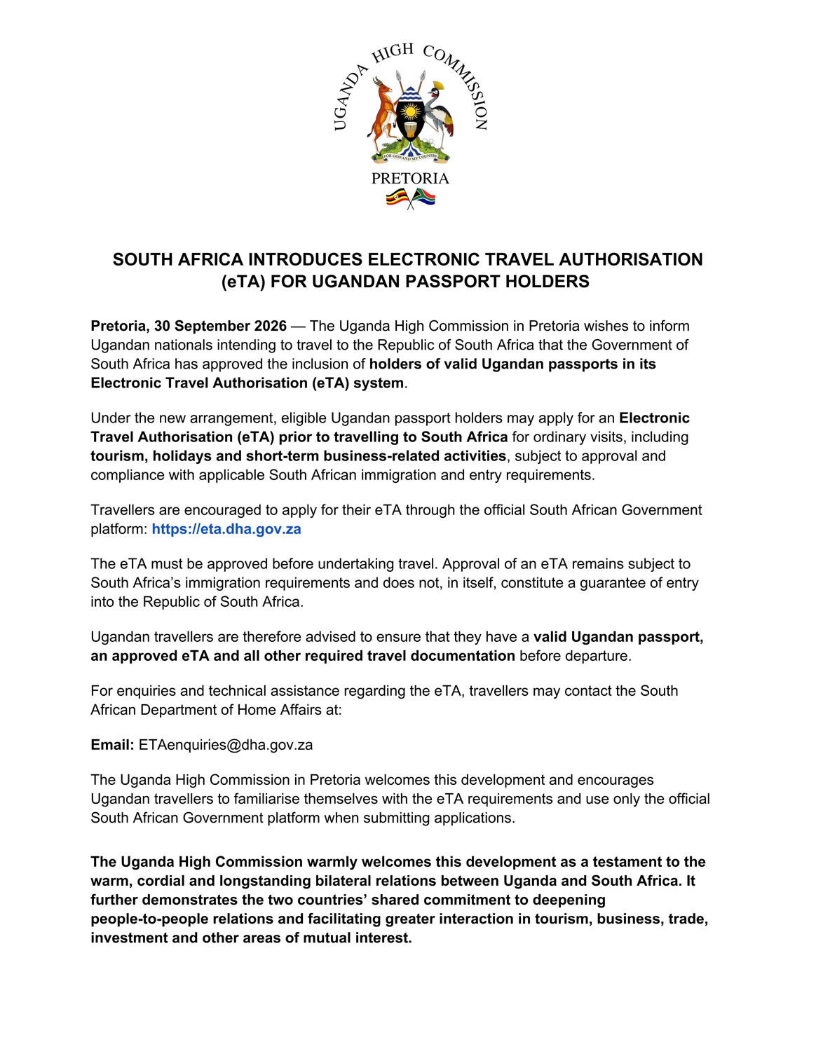 South Africa Introduces Electronic Travel Authorisation for Ugandan Passport Holders